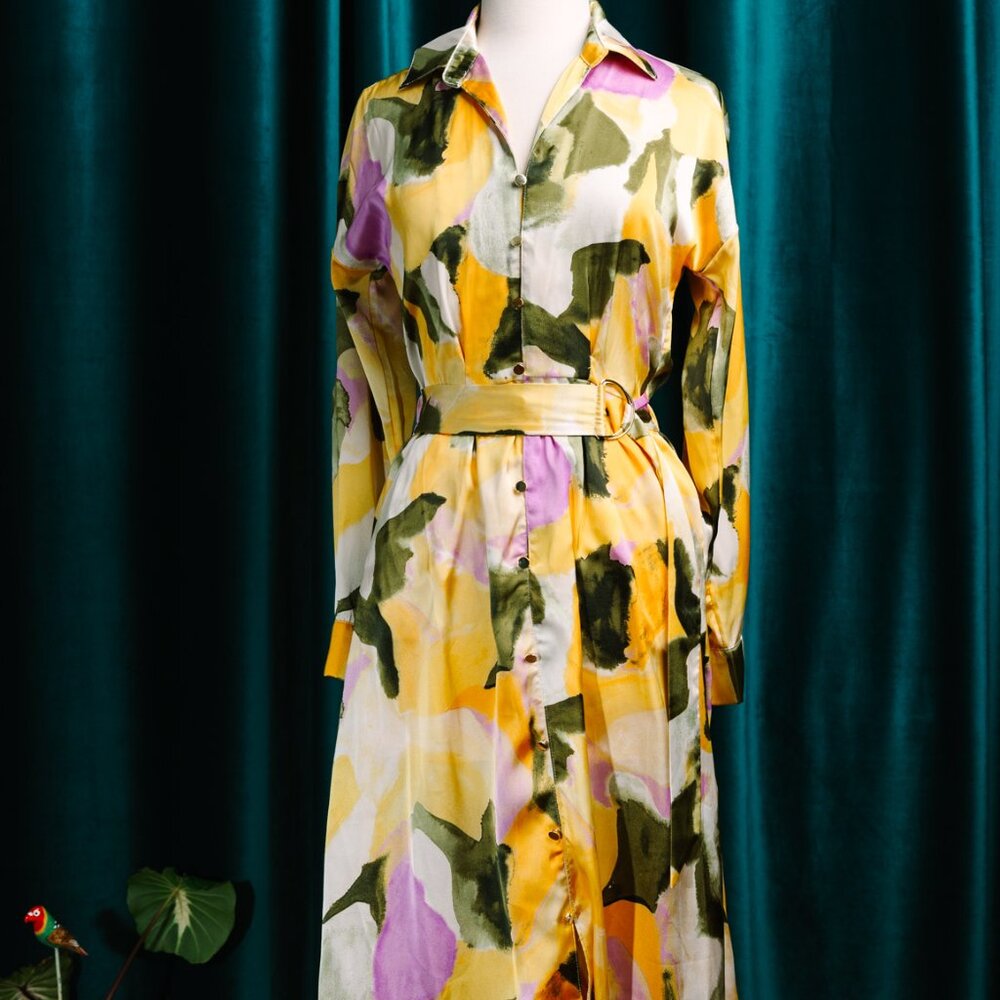 French Connection Yellow Abstract Long Sleeve Midi Dress